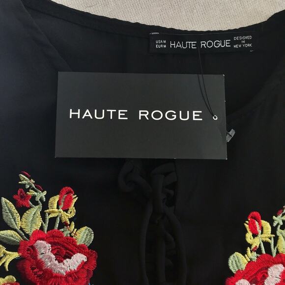 Haute Rouge NWT Black Chiffon Blouse Embroidered Red Roses Long Sleeves - Picture 6 of 6